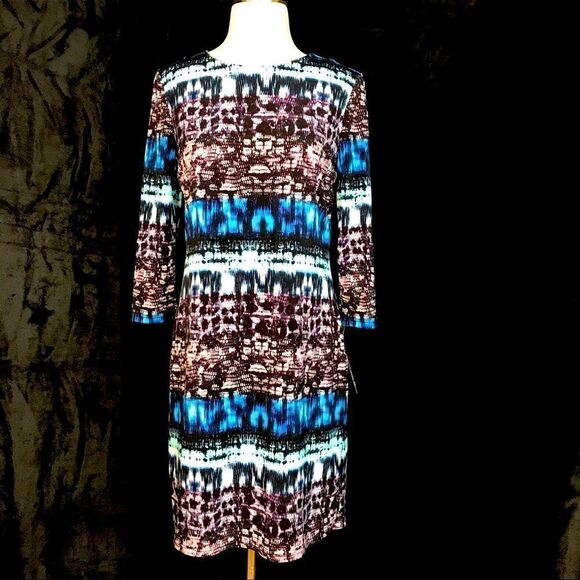 Allen B Pink/Blue/Black Abstract 3/4 Sleeve Stretch Knee Length Dress - NWT New - Picture 1 of 11